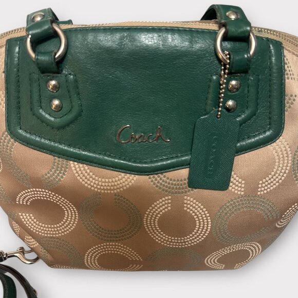 Coach Ashley Dotted OP Art North South Satchel F25183 Beige Sateen Green Leather - Picture 9 of 11